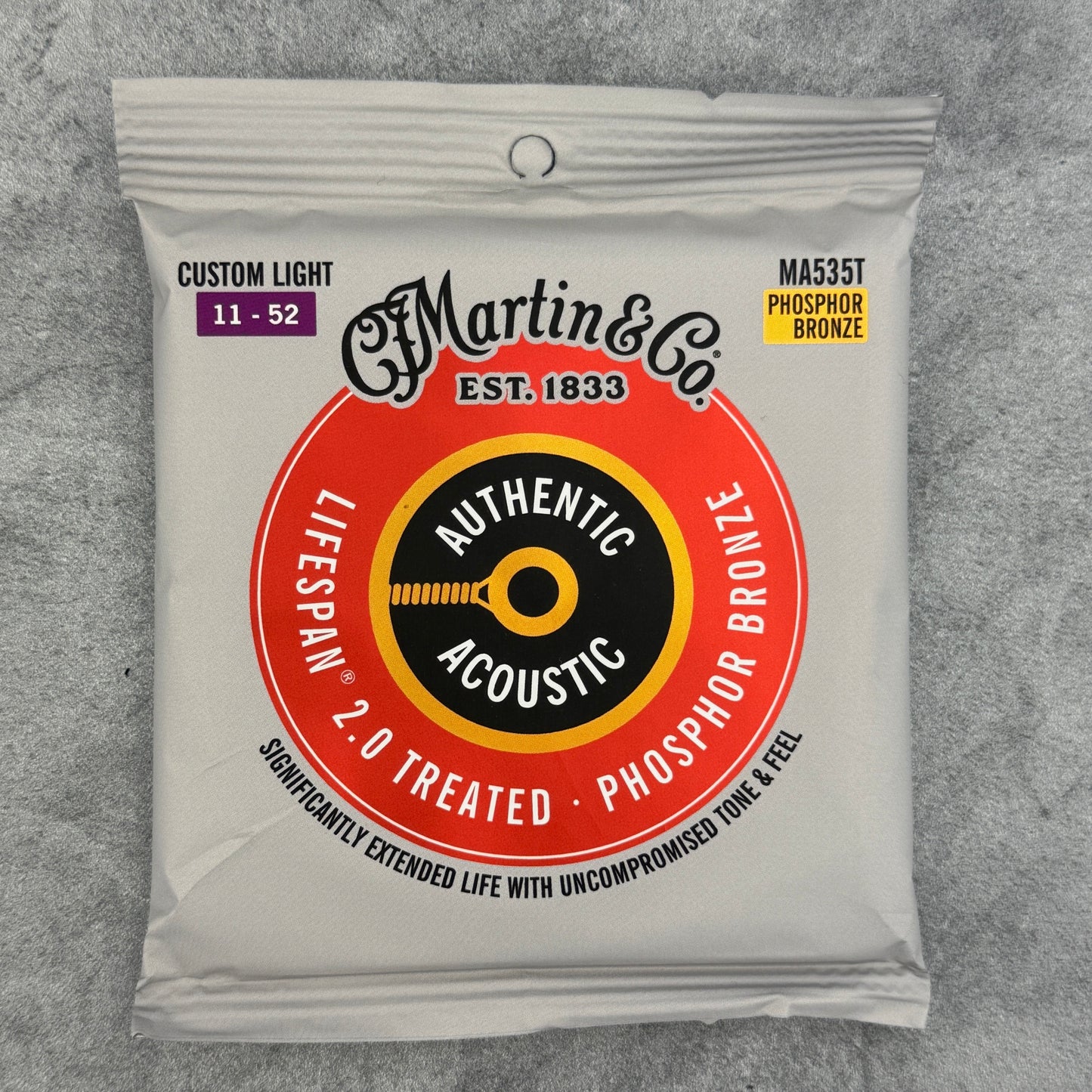 Martin MA535T Authentic Acoustic Lifespan 2.0 Phosphor Bronze Guitar Strings, Custom Light Gauge .011-.052