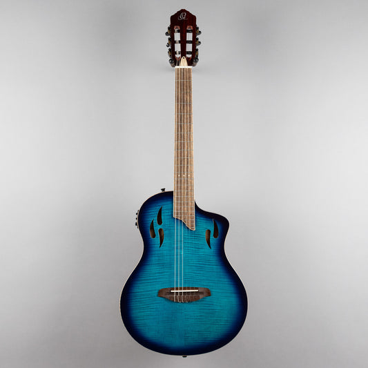 Ortega TourPlayer Deluxe Nylon String Guitar, Flamed Maple Blue Top
