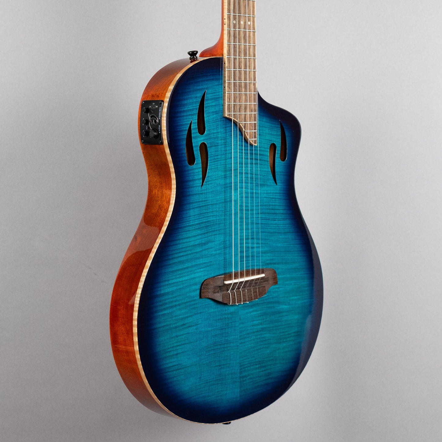 Ortega TourPlayer Deluxe Nylon String Guitar, Flamed Maple Blue Top
