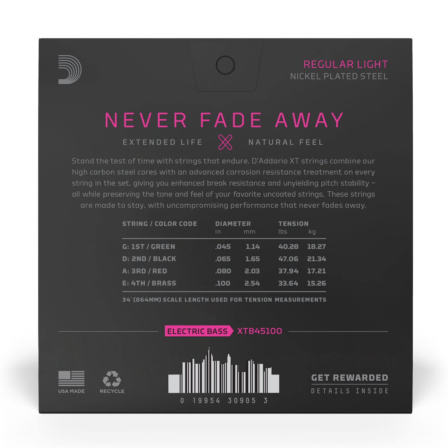 D'Addario XTB45100 XT Bass Nickel Plated Steel, Regular Light, Long Scale, 45-100