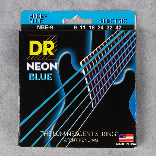 DR NBE-9 Hi-Def Neon Blue K3 Coated Electric Guitar Strings, Light, 9-42