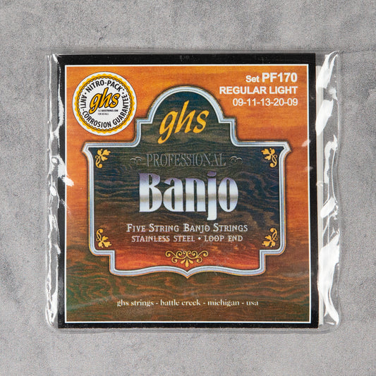 GHS PF170 Stainless Steel 5-String Banjo Strings, Regular Light, 9-20