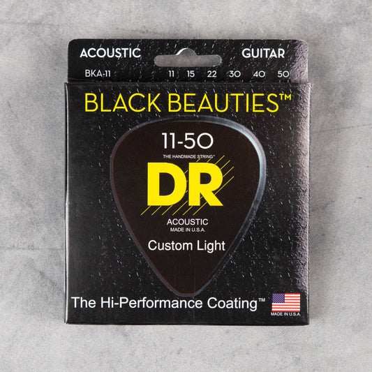 DR BKA-11 K3 Black Beauties Coated Acoustic Guitar Strings, Med-Lite, 11-50