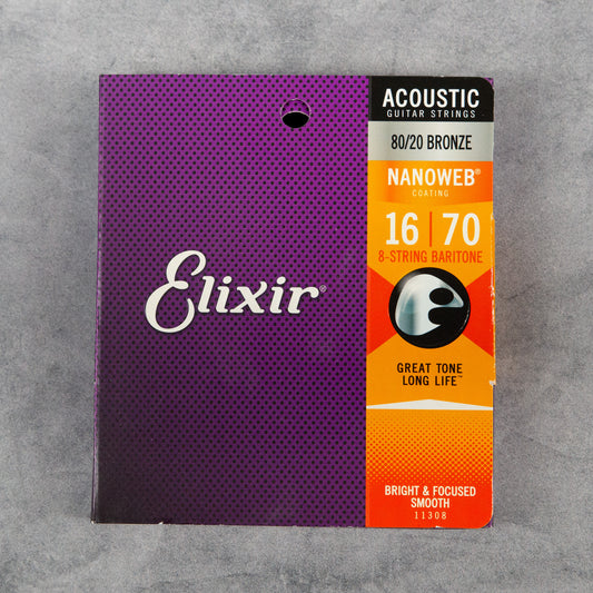 Elixir 11308 NanoWeb Coated 80/20 Bronze Acoustic Guitar Strings, 8-String Baritone, 16-70