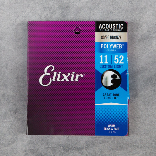 Elixir 11025 Polyweb Coated 80/20 Bronze Acoustic Guitar Strings, Custom Light, 11-52