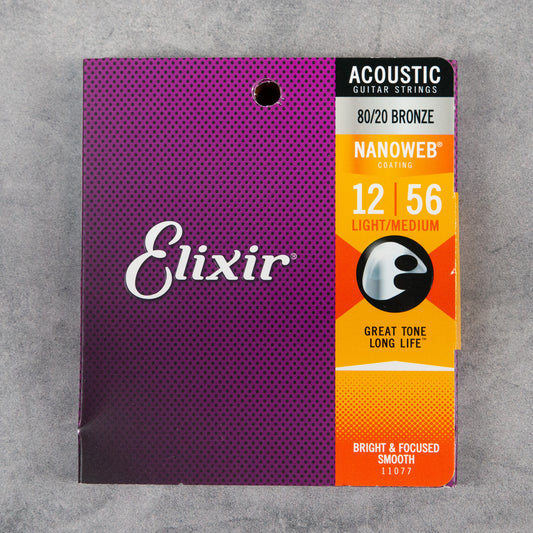 Elixir 11077 NanoWeb Coated 80/20 Bronze Acoustic Guitar Strings, Light/Medium, 12-56