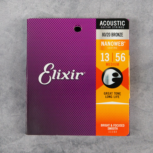 Elixir 11102 NanoWeb Coated 80/20 Bronze Acoustic Guitar Strings, Medium, 13-56