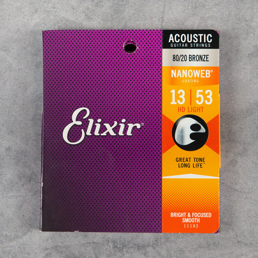 Elixir 11182 NanoWeb Coated 80/20 Bronze Acoustic Guitar Strings, HD Light, 13-53