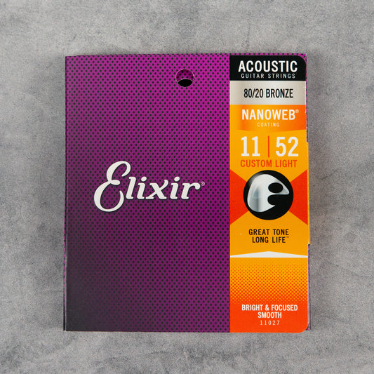 Elixir 11027 NanoWeb Coated 80/20 Bronze Acoustic Guitar Strings, Custom Light, 11-52