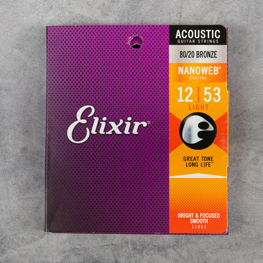 Elixir 11052 NanoWeb Coated 80/20 Bronze Acoustic Guitar Strings, Light, 12-53