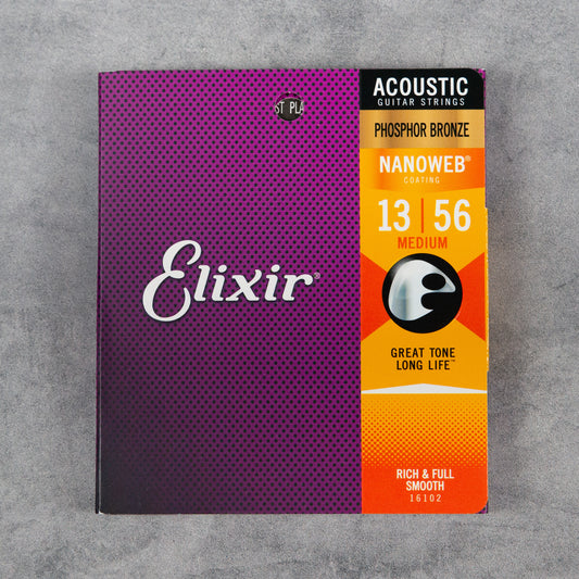 Elixir 16102 Phosphor Bronze Acoustic Guitar Strings, Medium, 13-56