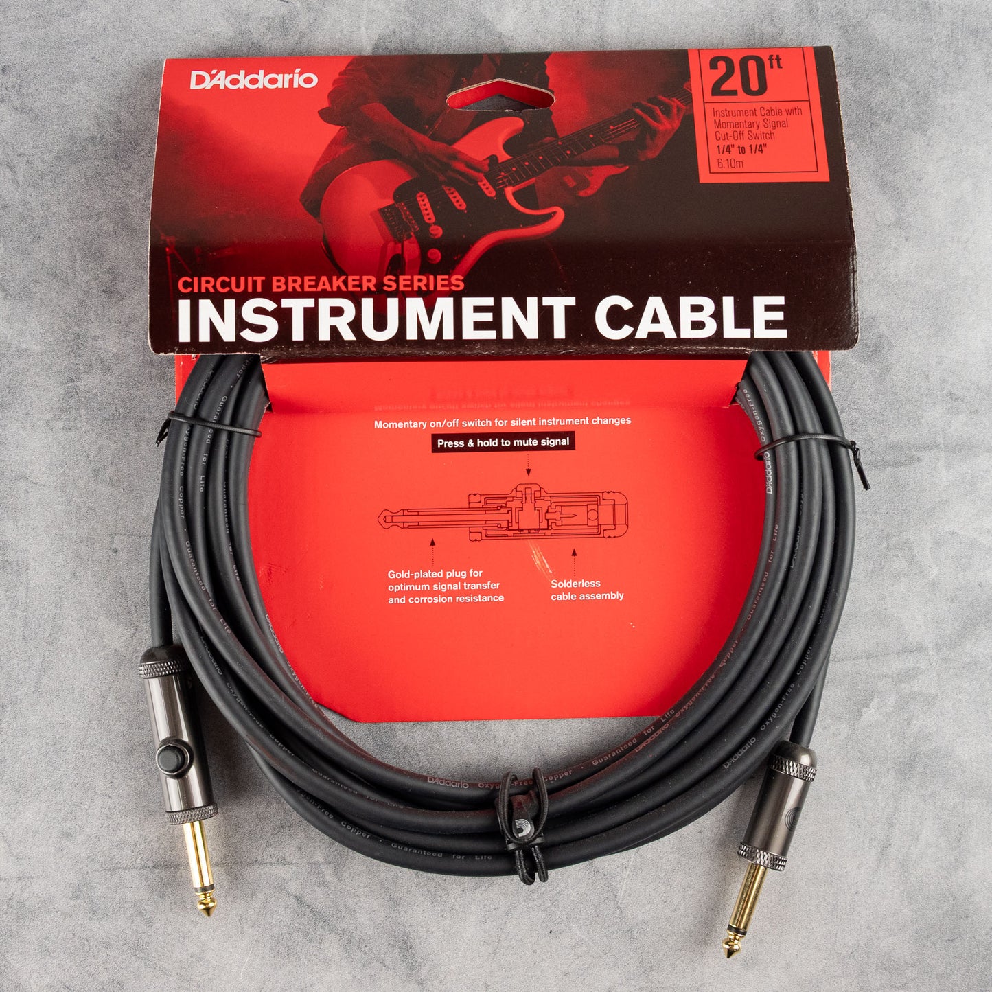 D'Addario 20ft Circuit Breaker Instrument Cable, Straight to Straight, Momentary Switch