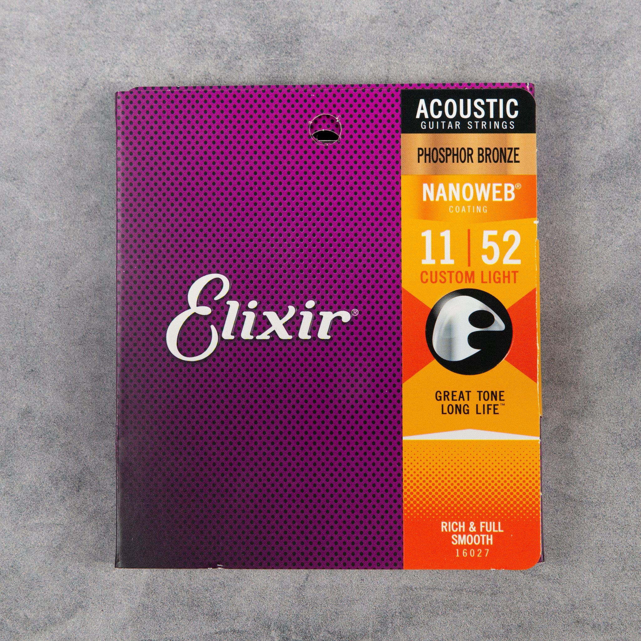 Elixir 16027 Nanoweb Coated Phosphor Bronze Acoustic Guitar Strings, Custom Light, 11-52