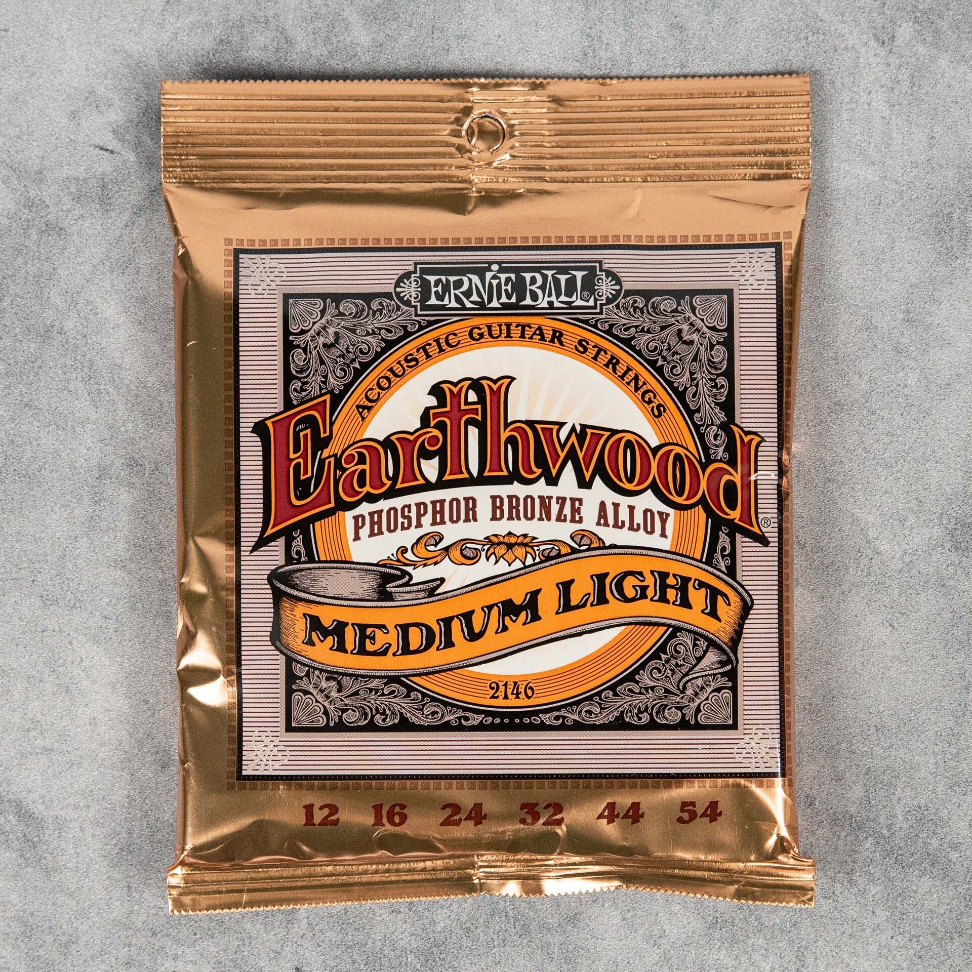 Ernie Ball 2146 Earthwood Phosphor Bronze Acoustic Guitar Strings, 12-54, Medium Light