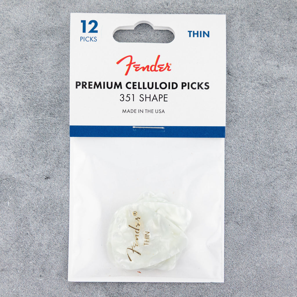 Fender Premium Celluloid Picks 351 Shape, Thin, White Moto, 12-Pack