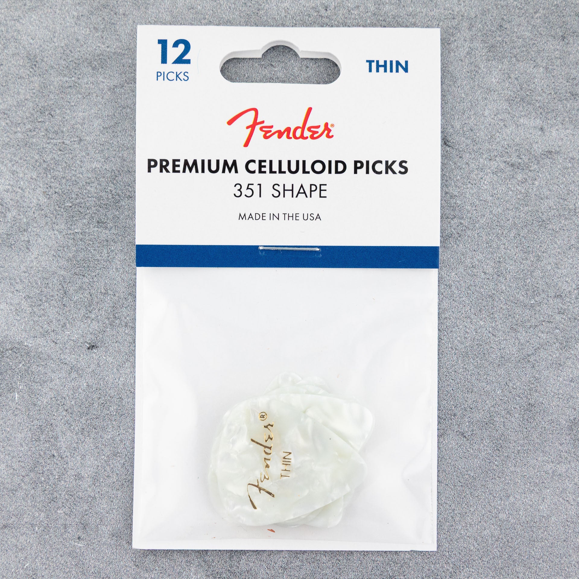 Fender Premium Celluloid Picks 351 Shape, Thin, White Moto, 12-Pack
