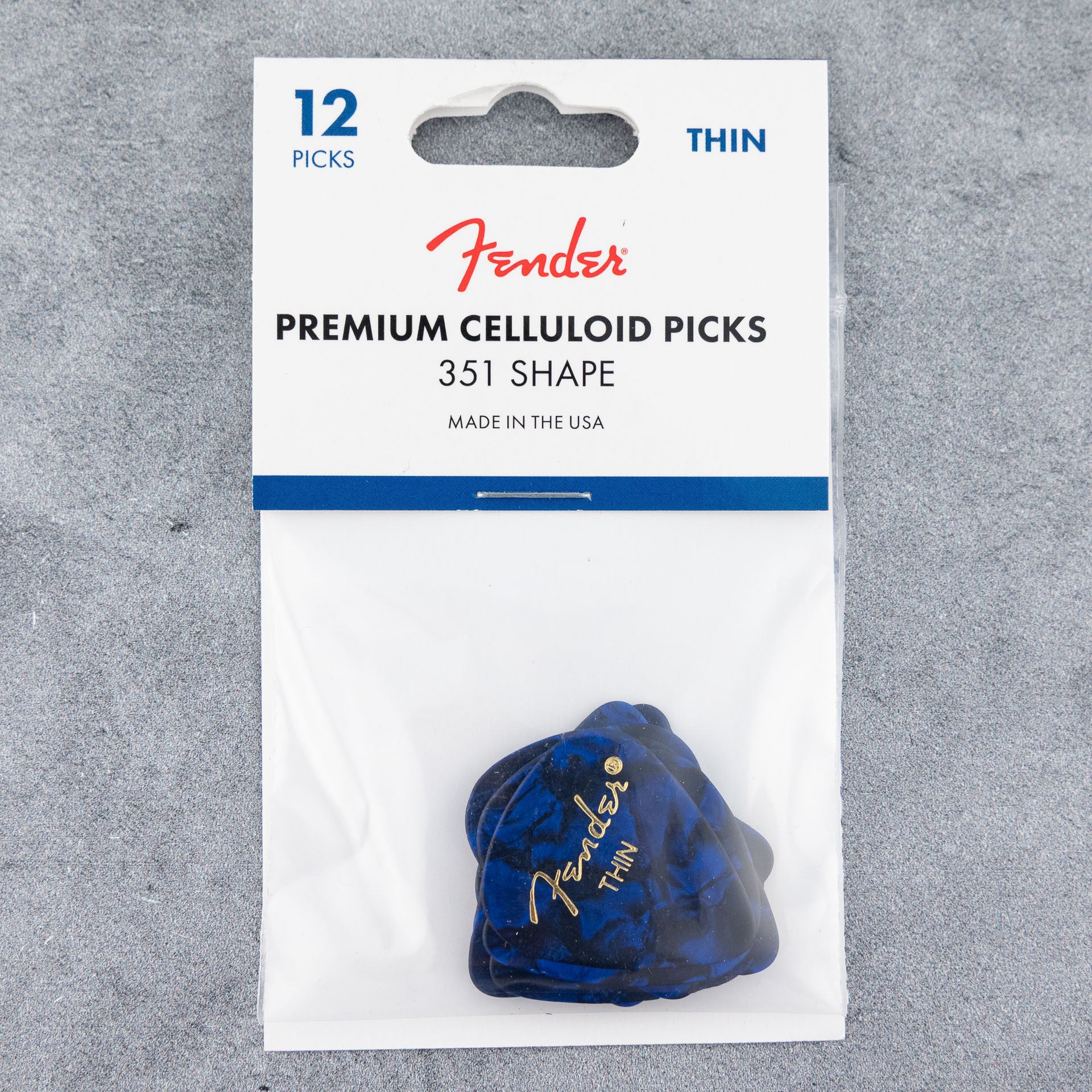 Fender Premium Celluloid Picks 351 Shape, Thin, Blue Moto, 12-Pack