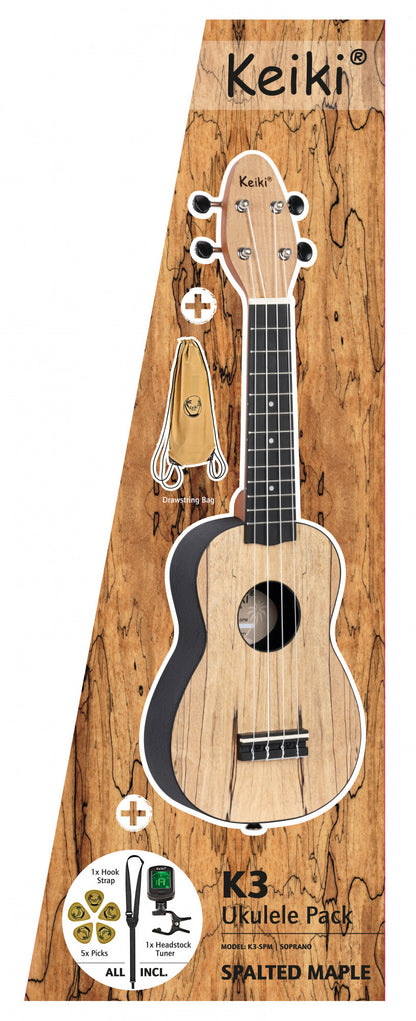 Ortega KEIKI K3 Series Ukulele Pack, Spalted Maple w/Bag, Tuner, Picks, & Strap