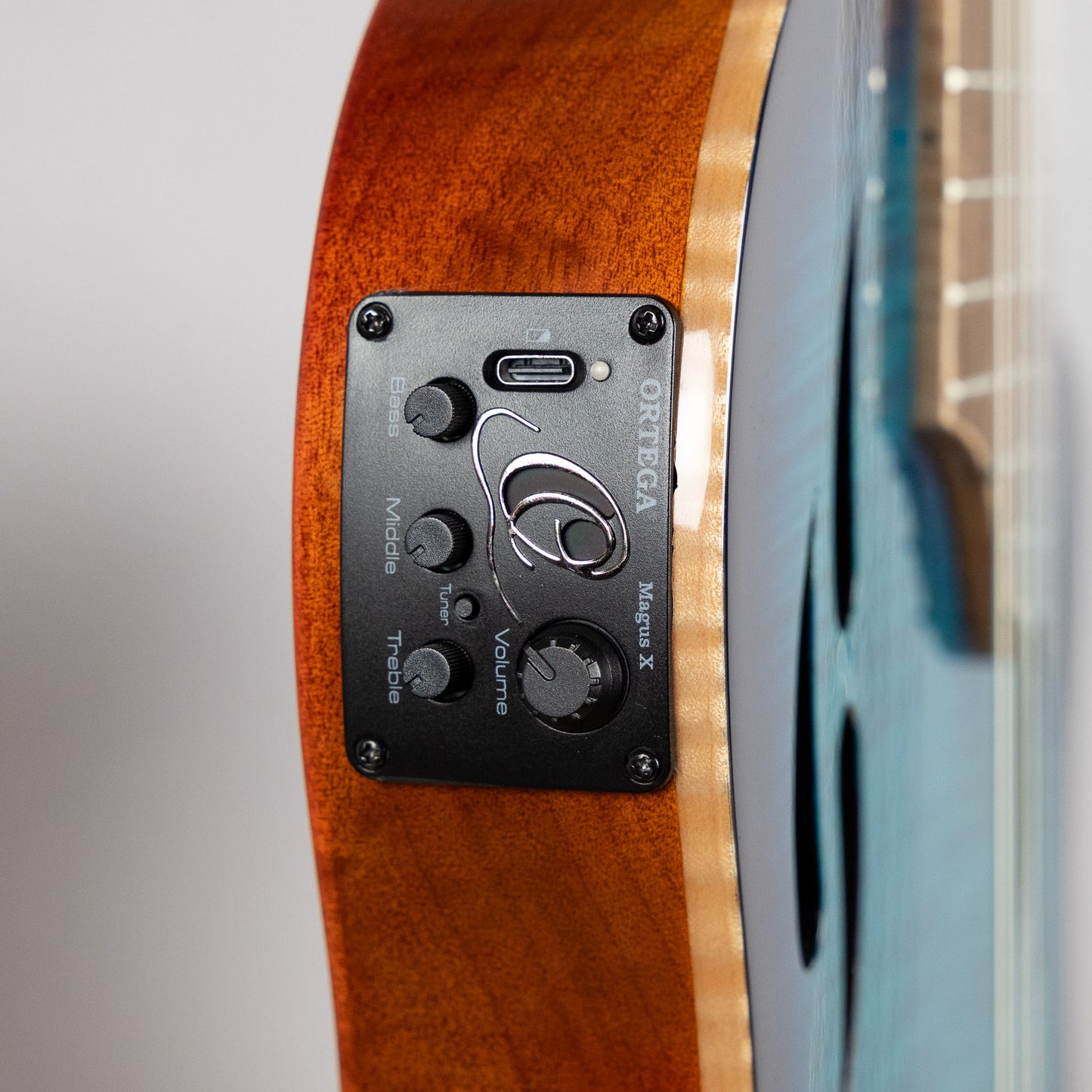 Ortega TourPlayer Deluxe Nylon String Guitar, Flamed Maple Blue Top