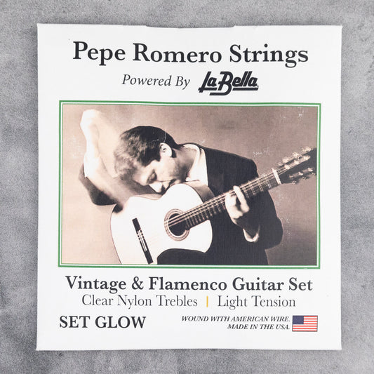 Pepe Romero Strings GLOW: Vintage & Flamenco Guitar String Set, Clear Nylon Trebles, Light Tension