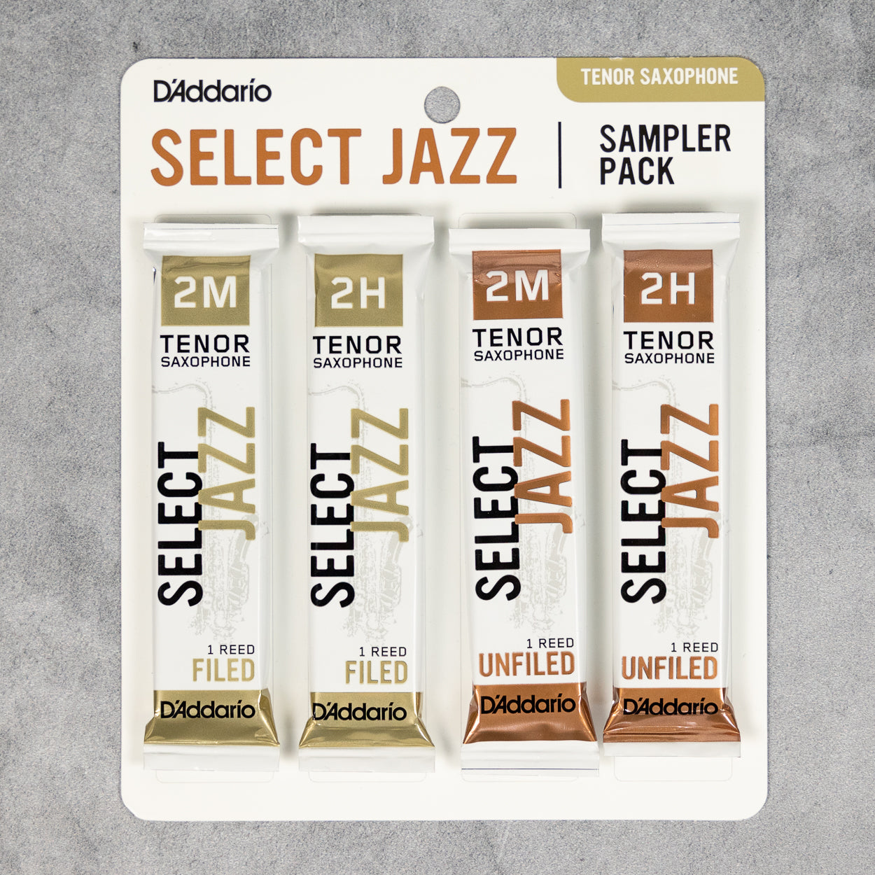 D'Addario Select Jazz Tenor Saxophone Reed Sampler Pack, Size 2M/2H (Pack of 4)