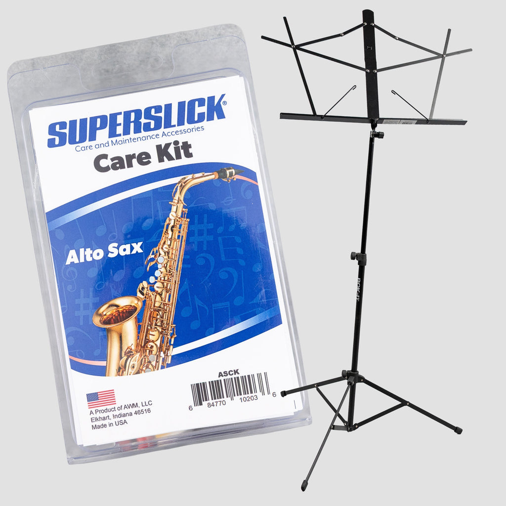 Superslick Alto Sax Care Kit / Folding Music Stand Bundle