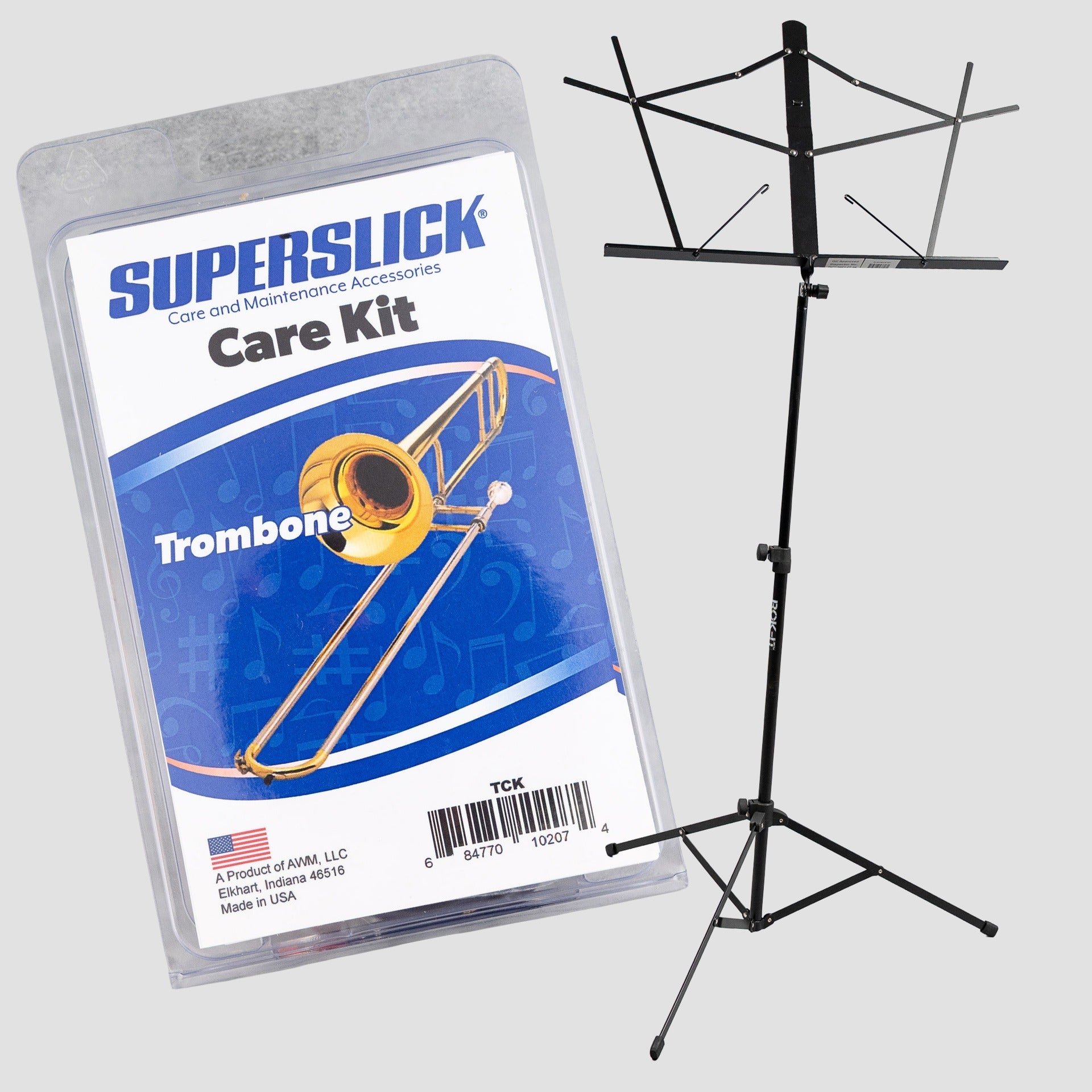 Superslick Trombone Care Kit / Folding Music Stand Bundle
