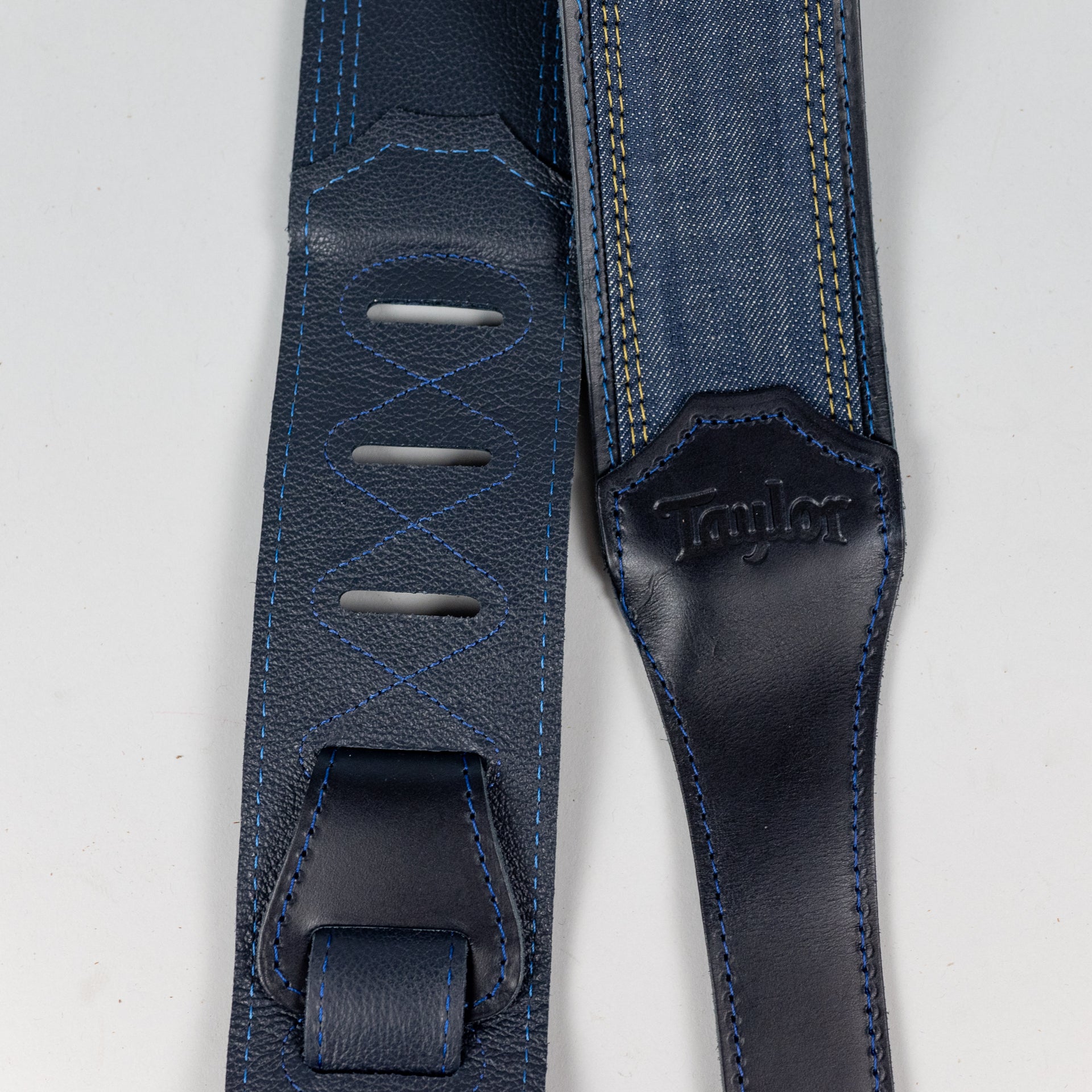 Taylor Blue Denim Strap, Navy Leather Edges, 2.5" Embossed Logo