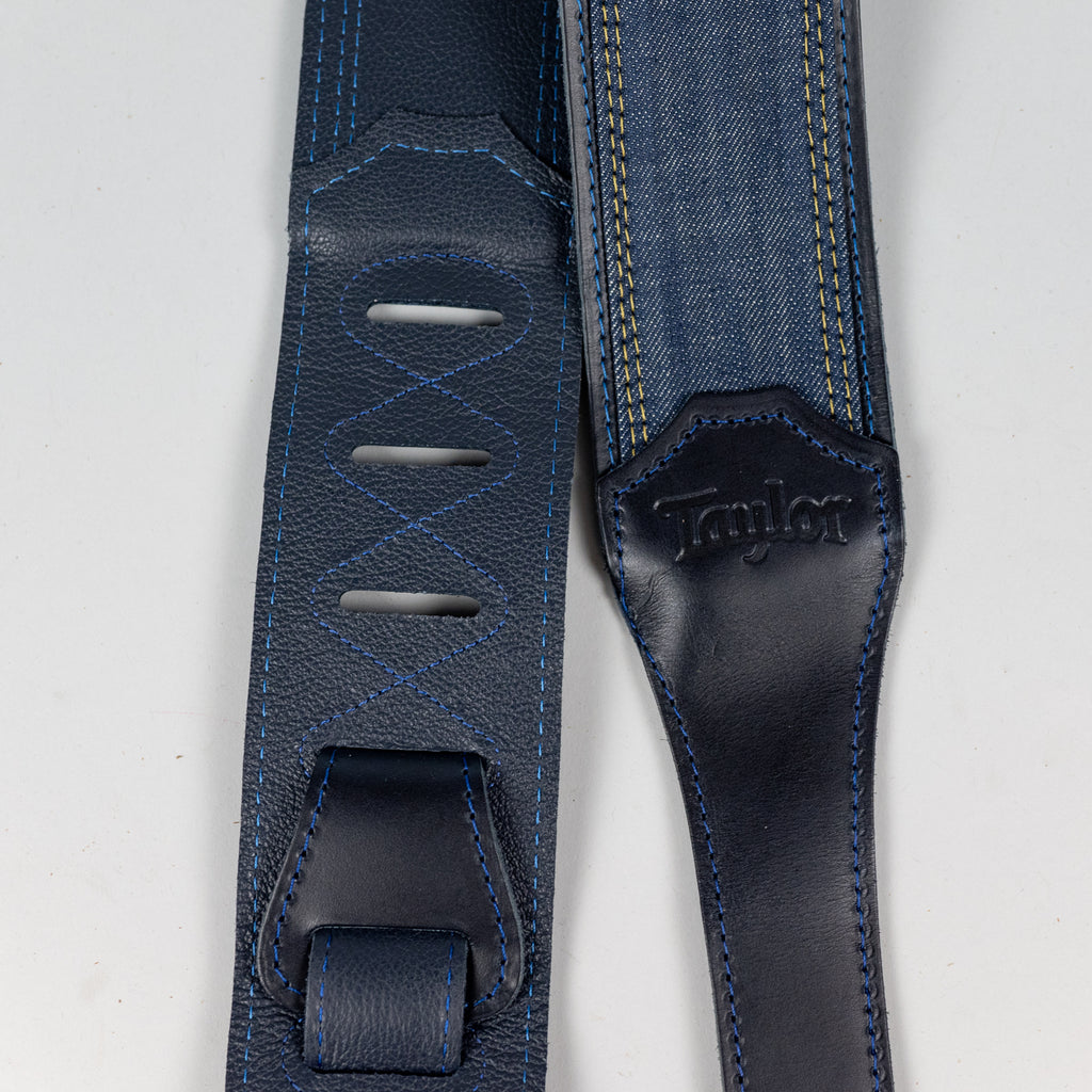Taylor Blue Denim Strap, Navy Leather Edges, 2.5" Embossed Logo