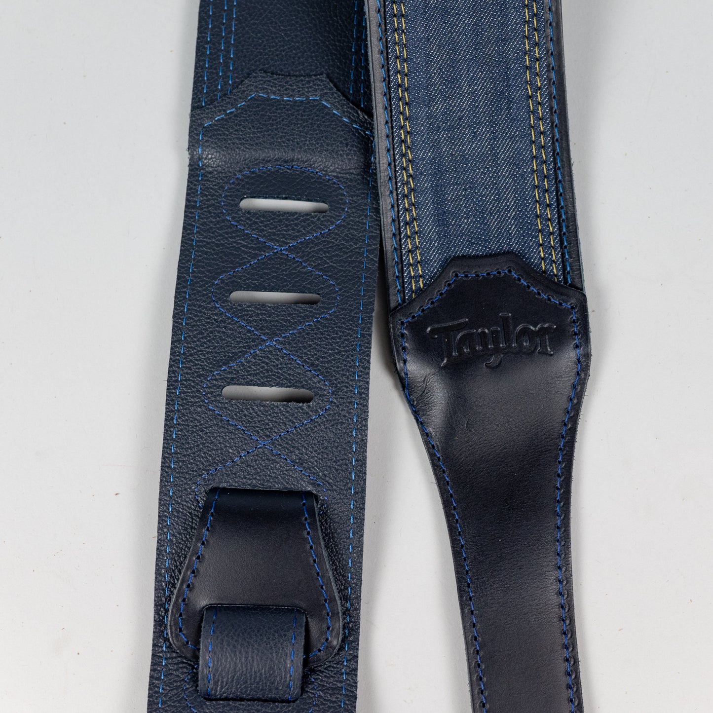 Taylor Blue Denim Strap, Navy Leather Edges, 2.5" Embossed Logo