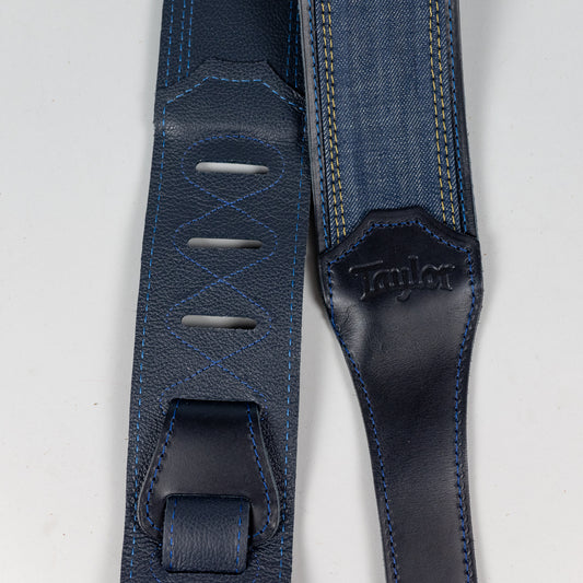 Taylor Blue Denim Strap, Navy Leather Edges, 2.5" Embossed Logo