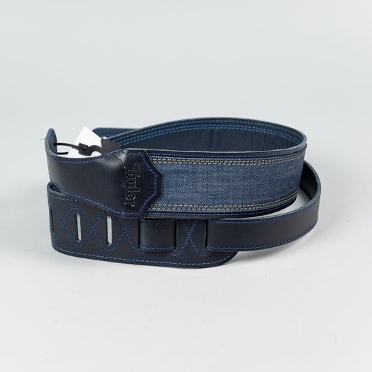 Taylor Blue Denim Strap, Navy Leather Edges, 2.5" Embossed Logo