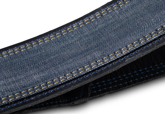 Taylor Blue Denim Strap, Navy Leather Edges, 2.5" Embossed Logo