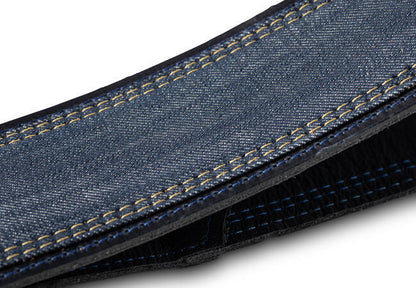 Taylor Blue Denim Strap, Navy Leather Edges, 2.5" Embossed Logo