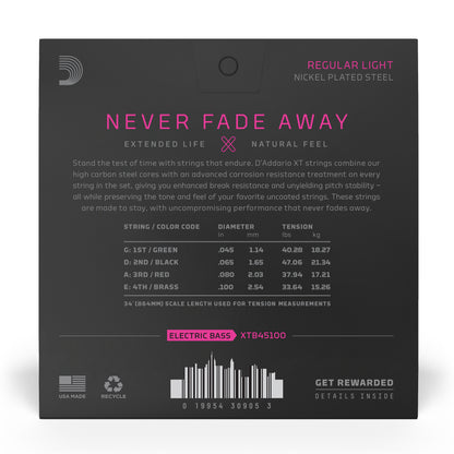 D'Addario XTB45100 XT Bass Nickel Plated Steel, Regular Light, Long Scale, 45-100