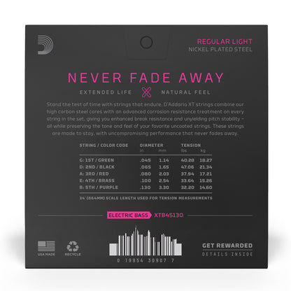 D'Addario XTB45130 XT Bass Nickel Plated Steel, Regular Light, 5-String Long Scale, 45-130